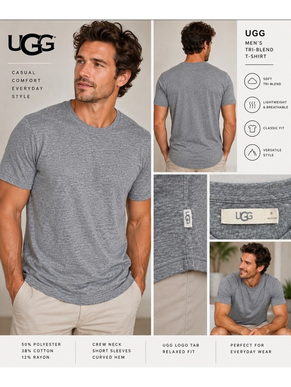 UGG Mens Medium Heather Gray Tri Blend Crew Neck T Shirt Curved Hem Logo